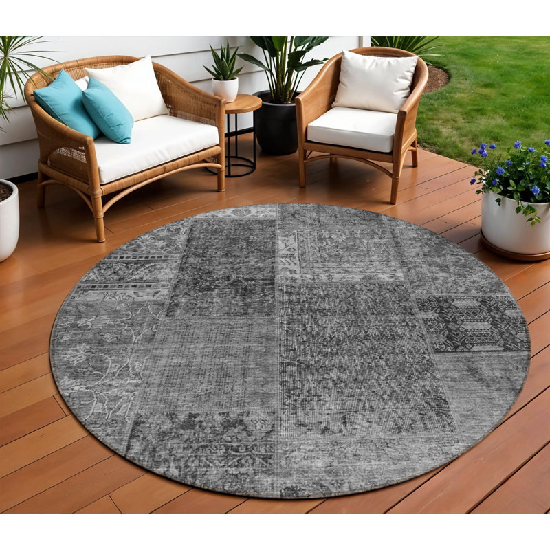 Tapis d'intérieur lavable rond gris anthracite et argent 8 pi