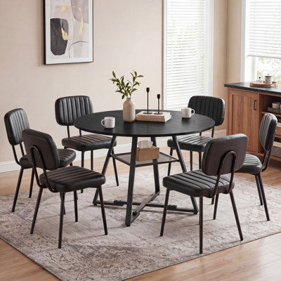 Ameah Industrial 47" Round Dining Table Set With Upholstered Chairs