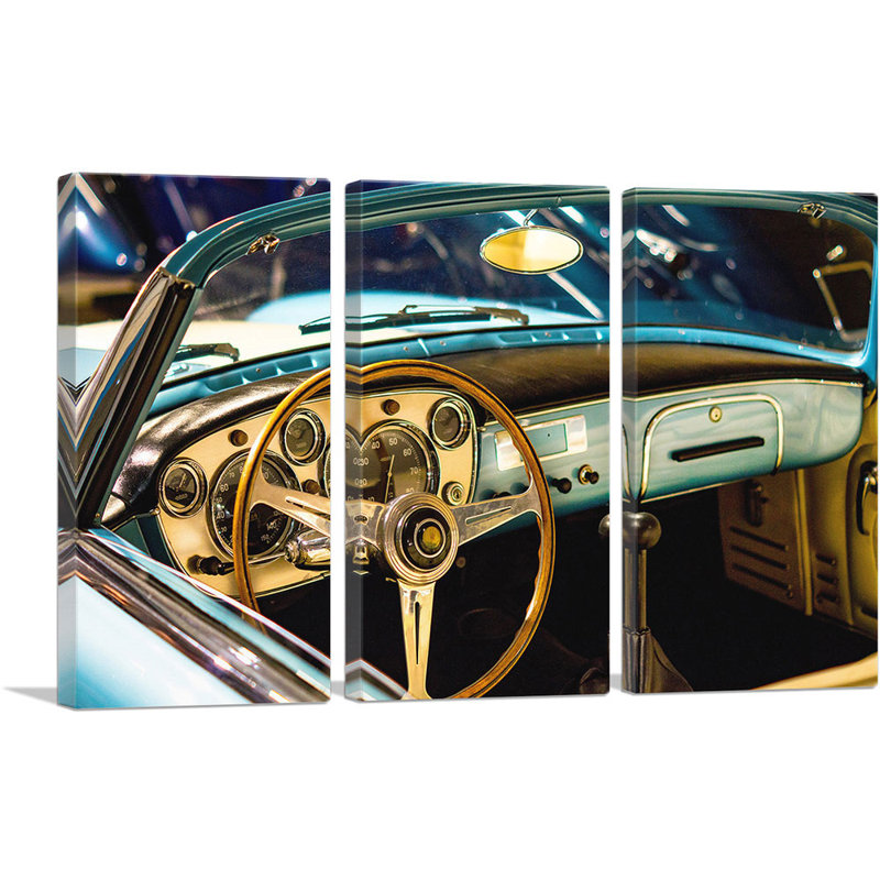 Vieille voiture intérieure - ensemble de 3 reproductions de photos sur toiles tendues, H 40 po x l 60 po x P 0,75 po