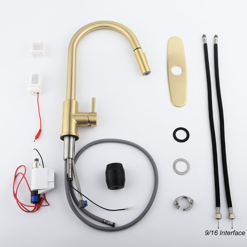 Robinet de cuisine Abrah avec touche tactile et rétractable, levier unique pour un réglage simple du débit de la température de l'eau, buse à arc élevé tournant sur 360 °, traitement de corrosion en acier inoxydable or brossé, aérateurs A