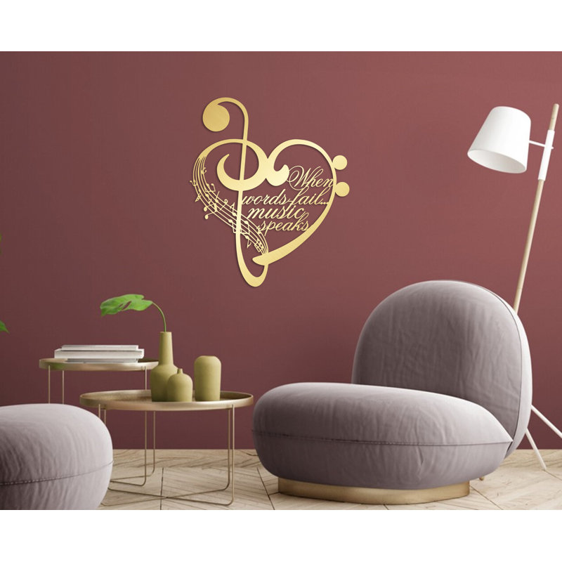 Metal Notes and Heart Wall Art, When words fail music speaks, Metal Wall Decor for Musician Gift, Shiny Gold