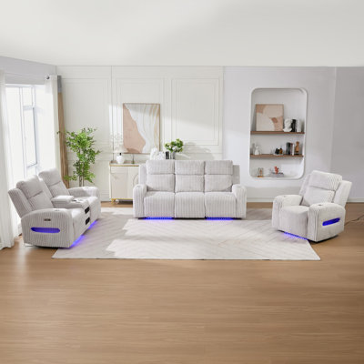 Sizemore 3 Piece Reclining Corduroy With Storage Cup Holder And Bluetooth Speaker Led Light Living Room Set