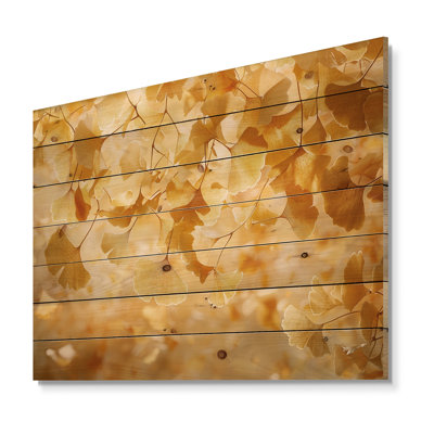 Golden Ginkgo Leaves Harmony I - Leaves Wood Wall Decor - On Natural Pine Wood