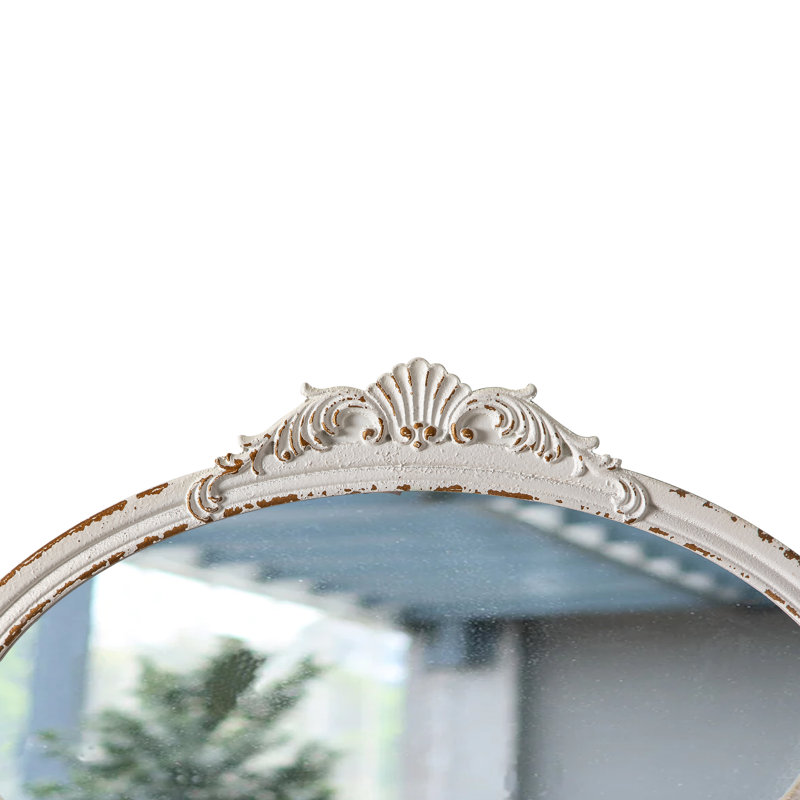 Matsumoto Oval Antique Arendahl Mirror for Wall 18 x 24 Inch, Distressed White Wood Frame Mirror with Flower Carved