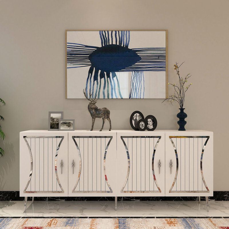 Modern Console Table, White & Silver, 100% Melamine Coated Particle Board, Thickness: 0.7 inches | Wall-Mountable, Multiple Shelves, Elegant Geometric Design for Home & Office Spaces