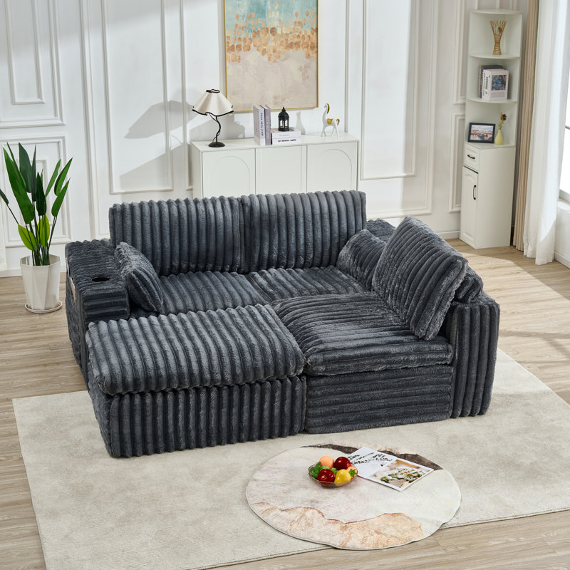 Space-saving Modern Grey Chenille Sectionals With Ottoman