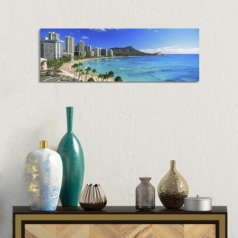 Palm Trees On The Beach, Diamond Head, Waikiki Beach, Oahu, Honolulu, Hawaii, USA #2 - Wrapped Canvas Panoramic Print