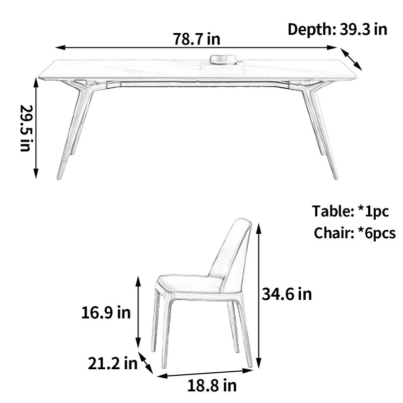 Home light luxury dining table and chair, 29.5"H x 78.7"L x 39.3"W