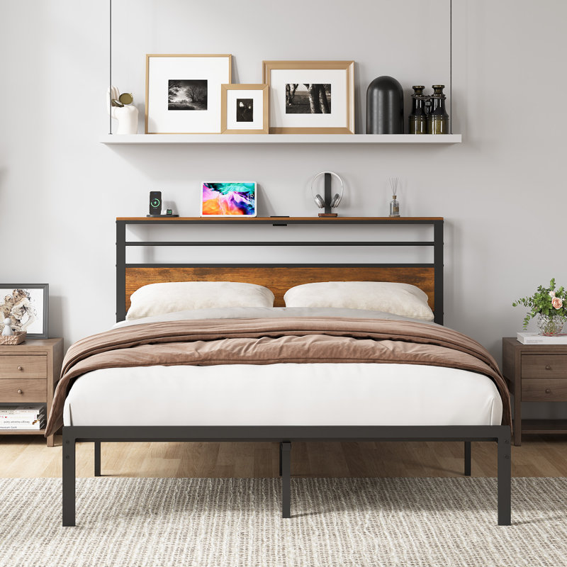 Vintage Industrial Bed Frame With Built-in USB Ports and Type-C Port, Queen
