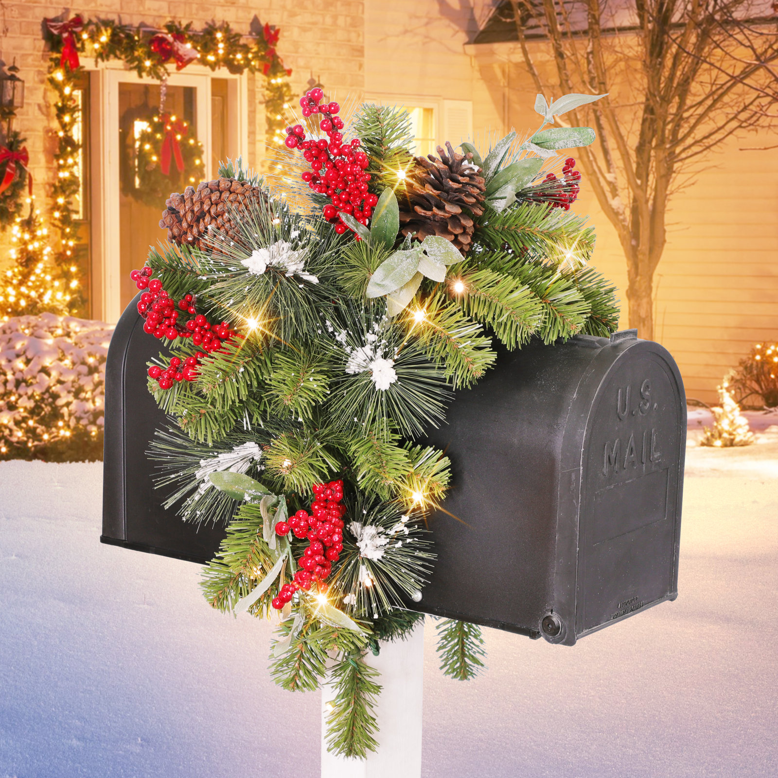 36" Pre-Lit Artificial Pine Mailbox Cover