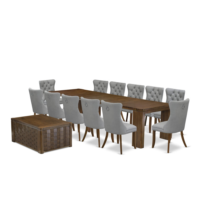 Ensemble de salle à manger extensible 14 pièces comprenant une table rectangulaire, 1 table basse et 12 chaises de salle à manger en polyester gris clair, noyer antique
