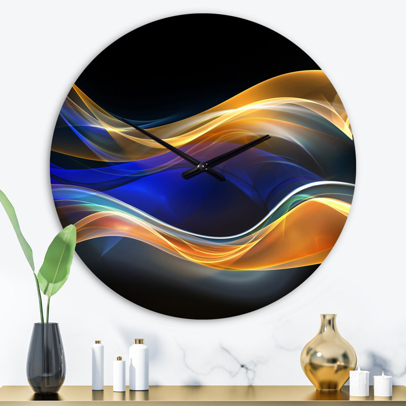 3D Wave Design - Horloge murale moderne, Bleu / or / noir, Grand