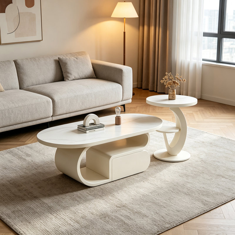 Table basse simple et luxueuse avec rangement pratique, Gris / plateau blanc / base crème, 15.74" H x 39.37" W x 19.68" D