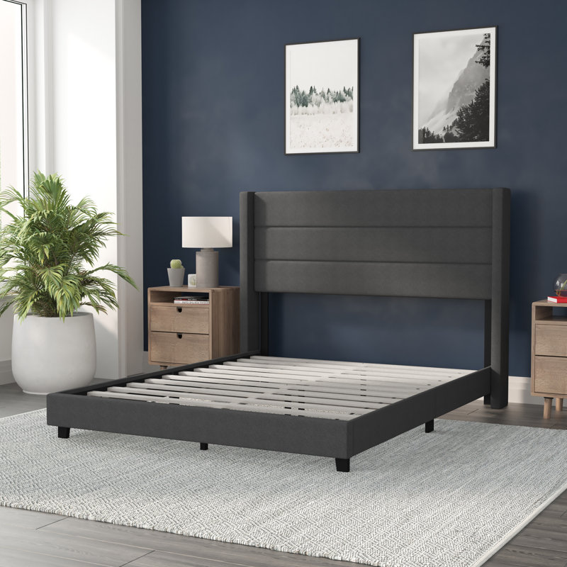 Upholstered Platform Bed with Wingback Headboard, Mattress Foundation with Slatted Supports, Queen, Charcoal
