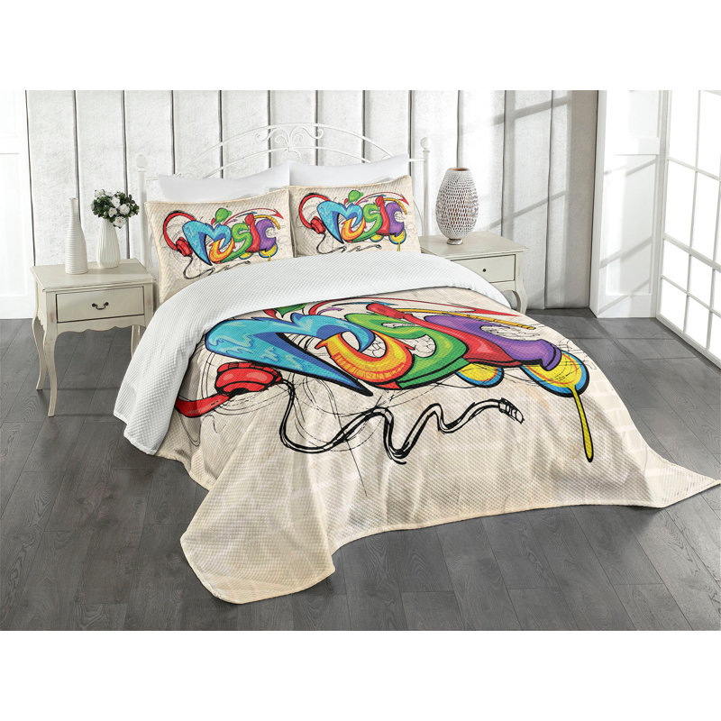Ambesonne Retro Bedspread Music Graffiti, Queen Bedspread + 2 Standard Shams