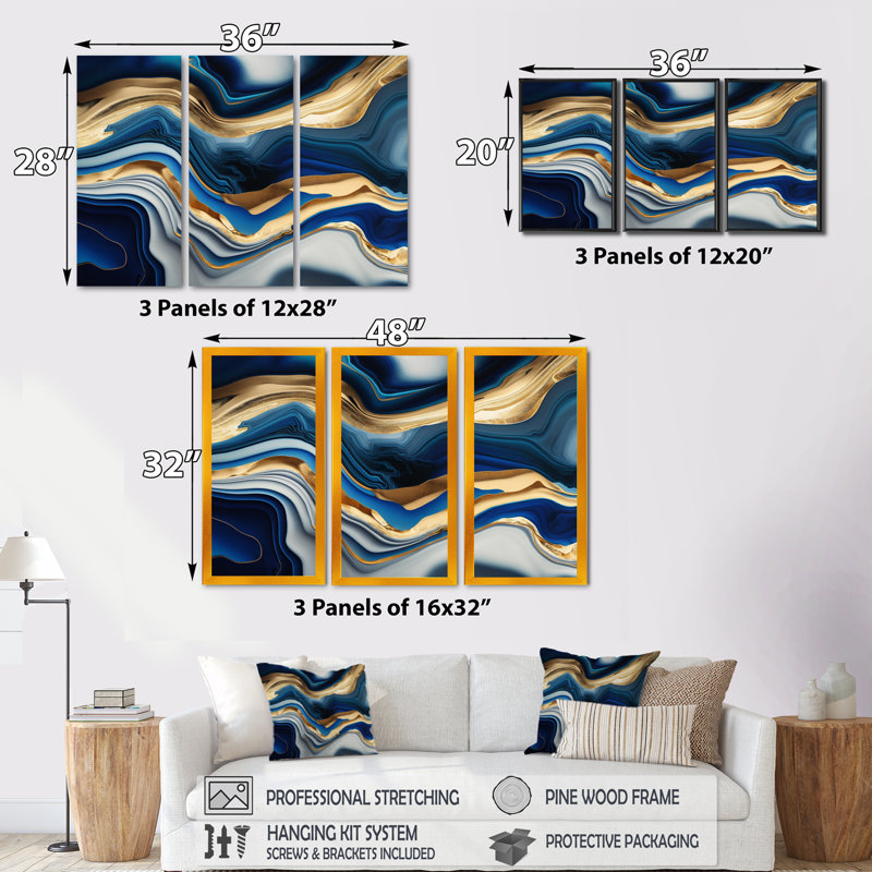 «Bannister Lunell Vibrant Blue and Gold Agate II», reproduction de 3 pièces, H 28 po x l 36 po x P 1 po, Toile tendue