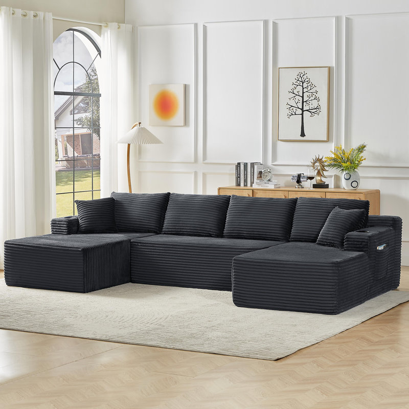 Canapé modulaire compressible en forme de U de 133,5 po avec porte-gobelet et poche latérale - aucun assemblage requis, Gris