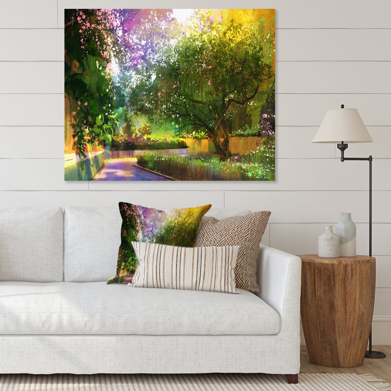 «Vibrant Pathway In A Peaceful Green Park», peinture sur toile, H 34 po x l 44 po x P 1,5 po, Toile tendue