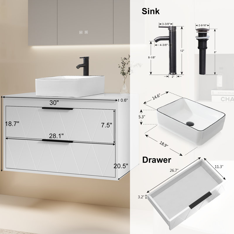 Sharee 30" Wall Mount Bathroom Vanity With Vessel Sink, White, Oval