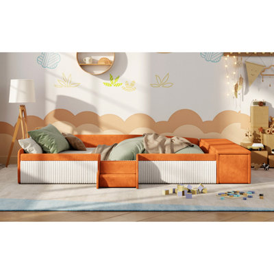 Queen Size Daybed In Velvet, With Stairs, Gas Lift Storage , Contrast Color  Brown+White  And Padded Guardrails For A Stylish Bedroom Aesthetics Velvet Upholstered  Brown+White , Modern 'S