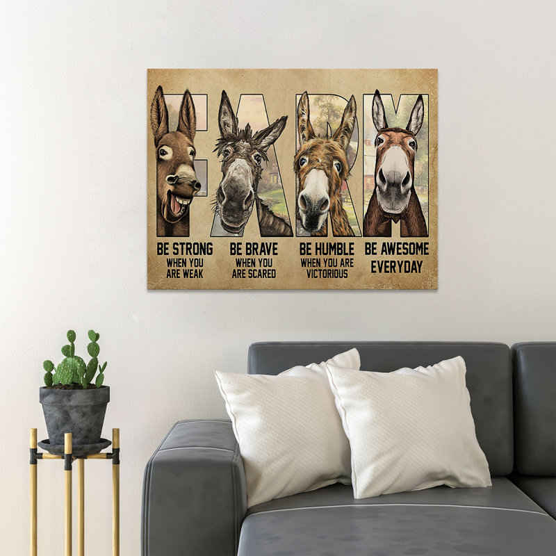 «Four Donkeys In Farm Be Strong When You Are Weak», reproduction d'art rectangulaire sur toile tendue 1 pièce
