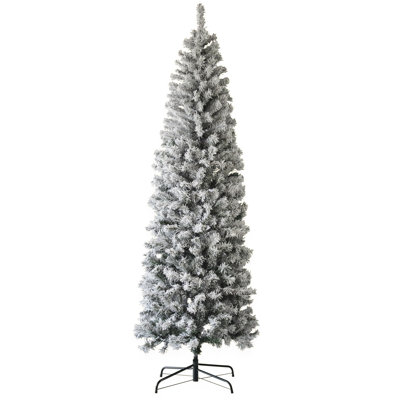 6.5ft Pre-Lit Pencil Christmas Tree – Partially Flocked & Frosted Slim Xmas Tree with PVC Branch Tips