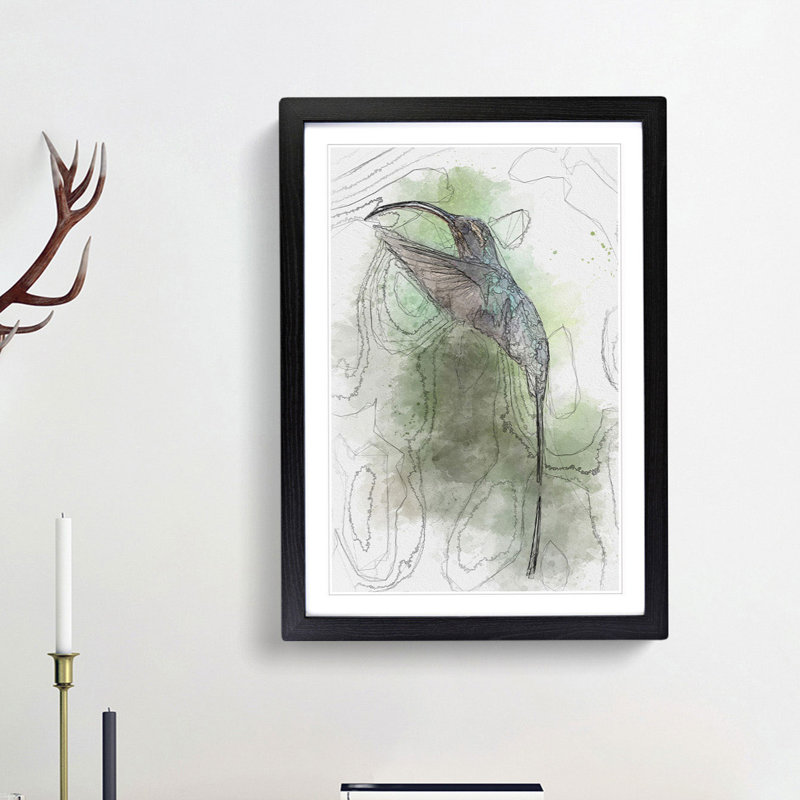 Green Hermit Hummingbird in Abstract - Picture Frame Graphic Art Print, 36cm H x 27cm W x 2cm D, Black Framed