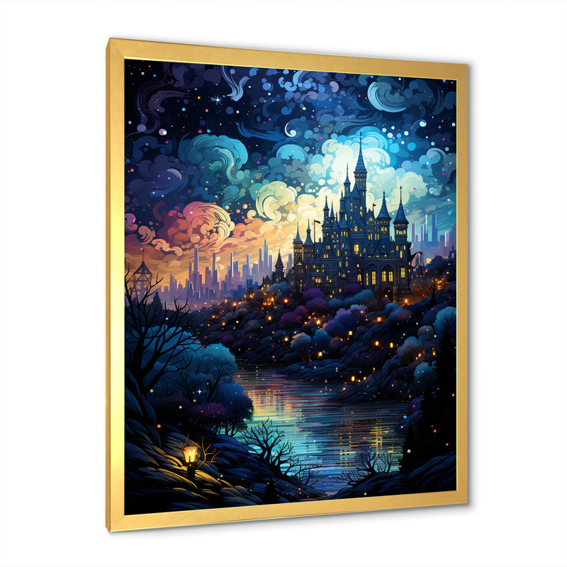 Nuit étoilée, château de Dracula - Vangogh, art mural, Cadre doré simple, H 32 po x l 16 po x P 1 po