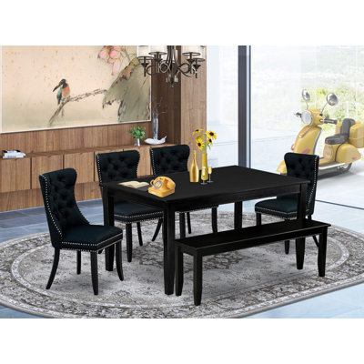 6 Piece Dining Set Includes a Rectangle Kitchen Table and 4 Polyester Fabric Padded Chairs with a Bench, Black