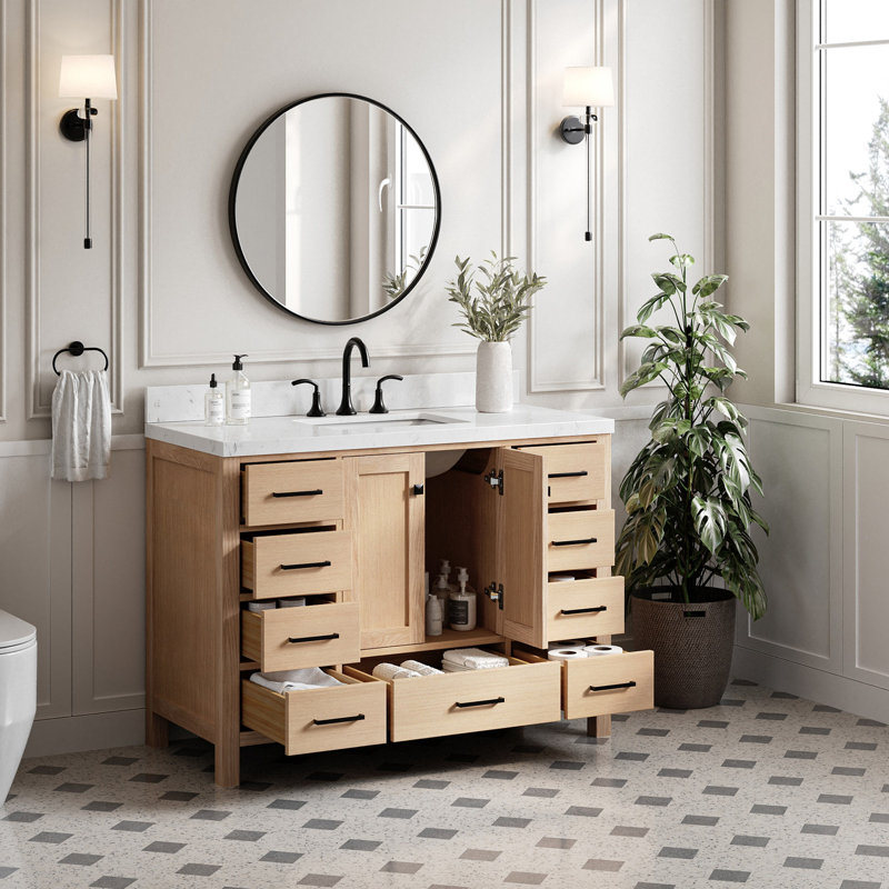 Cambridge 48.25'' Single Bathroom Vanity with Carrara Quartz Top, Rectangular, Oak