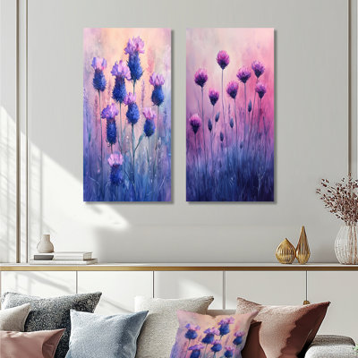 «Dreaming of Cornflower Fields in Mauve I», ensemble de 2 reproductions d'art murales florales en métal