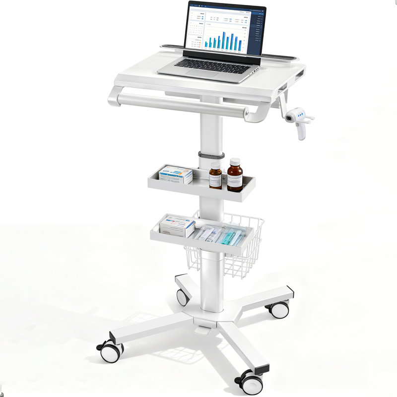 Chariot médical professionnel avec capacité de 150 lb - Chariot roulant à hauteur ajustable pour hôpital, cabinet de dentiste, salon de beauté - Roues verrouillables silencieuses à 360 ° (avec tablette de rangement à 2 niveaux / blanc)