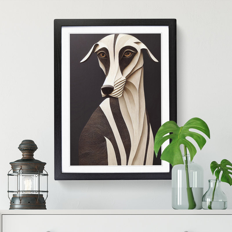 Greyhound Wood Carving - Picture Frame Print, 64cm H x 46cm W x 2cm D, Black