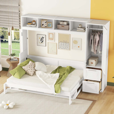 Grand lit escamotable mural avec placard et tiroirs - Lit escamotable mural peu encombrant, meubles de chambre à coucher, blanc