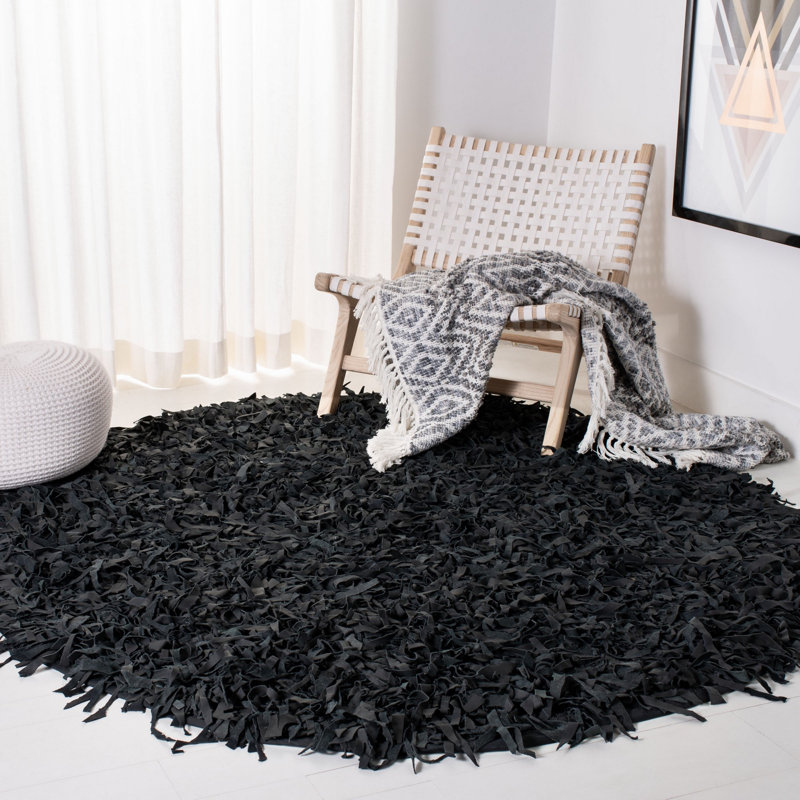 Tapis noir en cuir noué à la main Godsey, Rond 4 pi