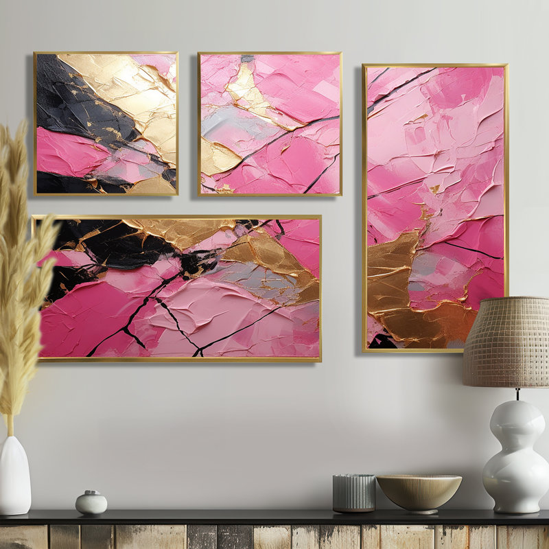 Minimalisme - Poterie rose I - décoration murale moderne rose 4 pièces, Impression encadrée sans passe-partout, Doré
