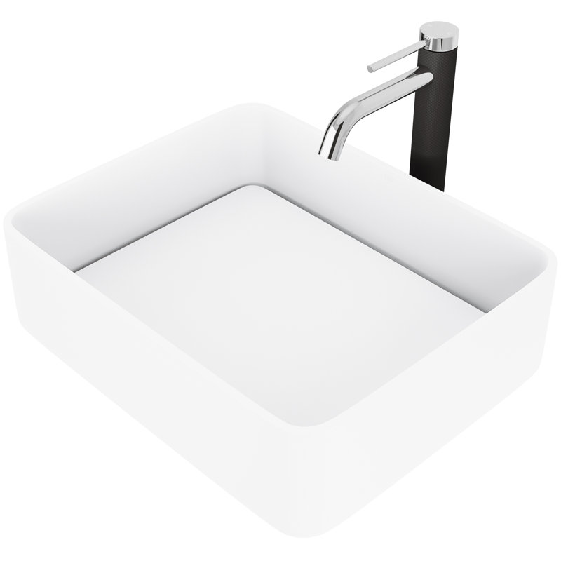 Jasmine 18" L x 15" W x 5" H Rectangular White Matte Stone Vessel Bathroom Sink with 10" H Faucet, Chrome