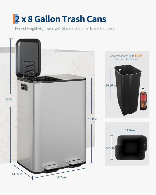 2 x poubelle double en acier inoxydable 8 / 10,6 gallons avec pédale, bac de recyclage de cuisine, 16 gallons