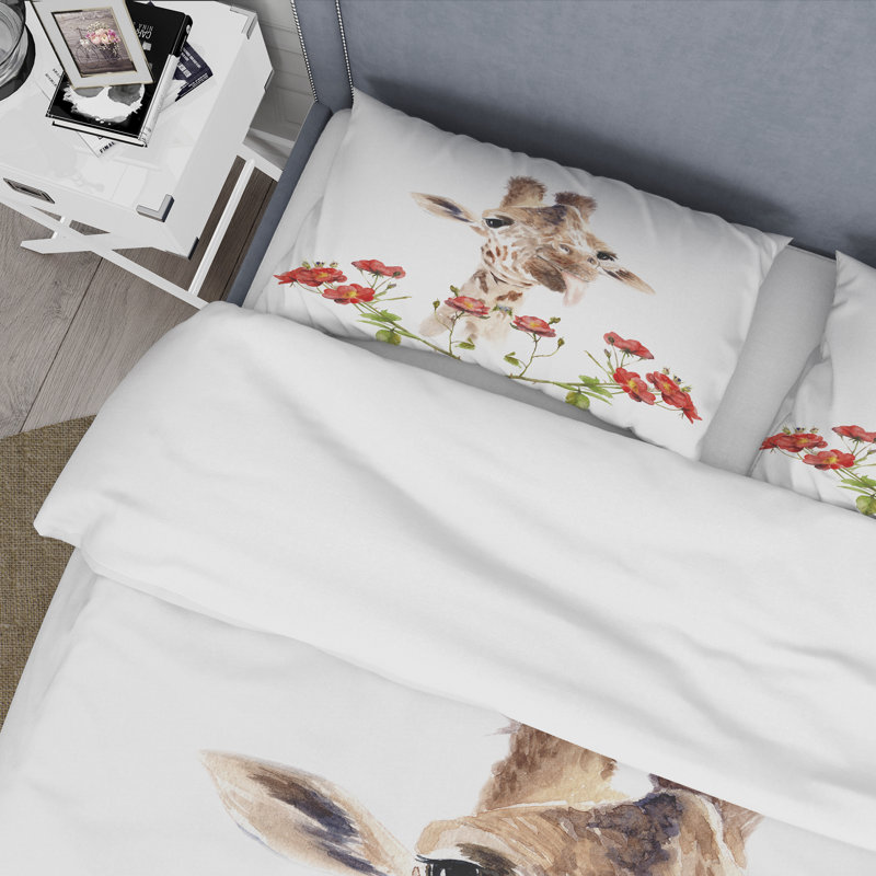 Portrait d'une girafe avec des fleurs II - Ensemble de housse de couette Farmhouse - Microfibre de polyester