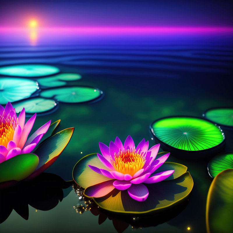 «Unreal Neon Waterlilies Two» par Stephen Chambers, impression sur toile tendue, L 30 po x H 30 po
