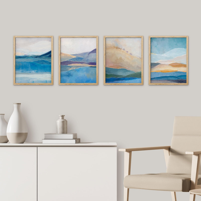Pastel Blue Beach Shore Landscape - Ensemble de 4 reproductions de cadres photo simples, Naturel, H 10 po x l 8 po