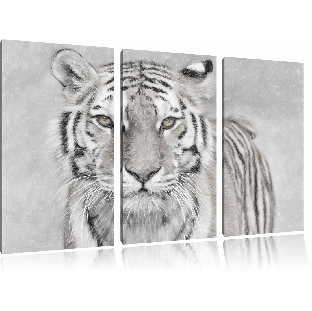 3-tlg. Leinwandbilder-Set „Anmutiger Tiger in Schwarz / Weiß“, Grafikdruck