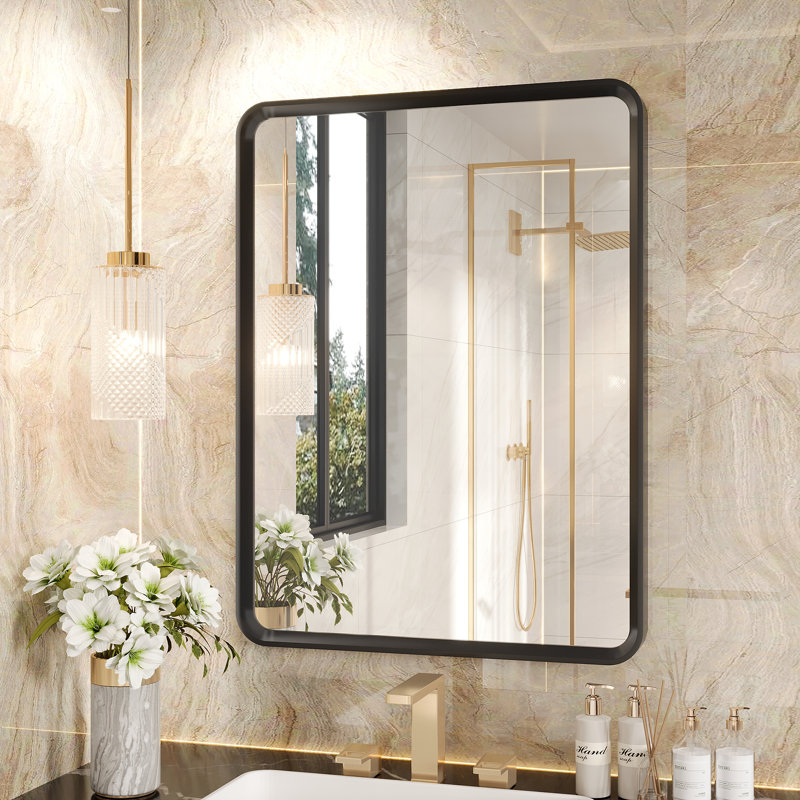 Molly Beveled Edge Metal Framed Tempered Glass Wall Mounted Rectangular Vanity Mirror, 32" x 24"