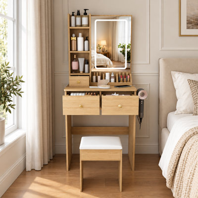 Coiffeuse avec miroir DEL, prise électrique, tabouret et support pour sèche-cheveux