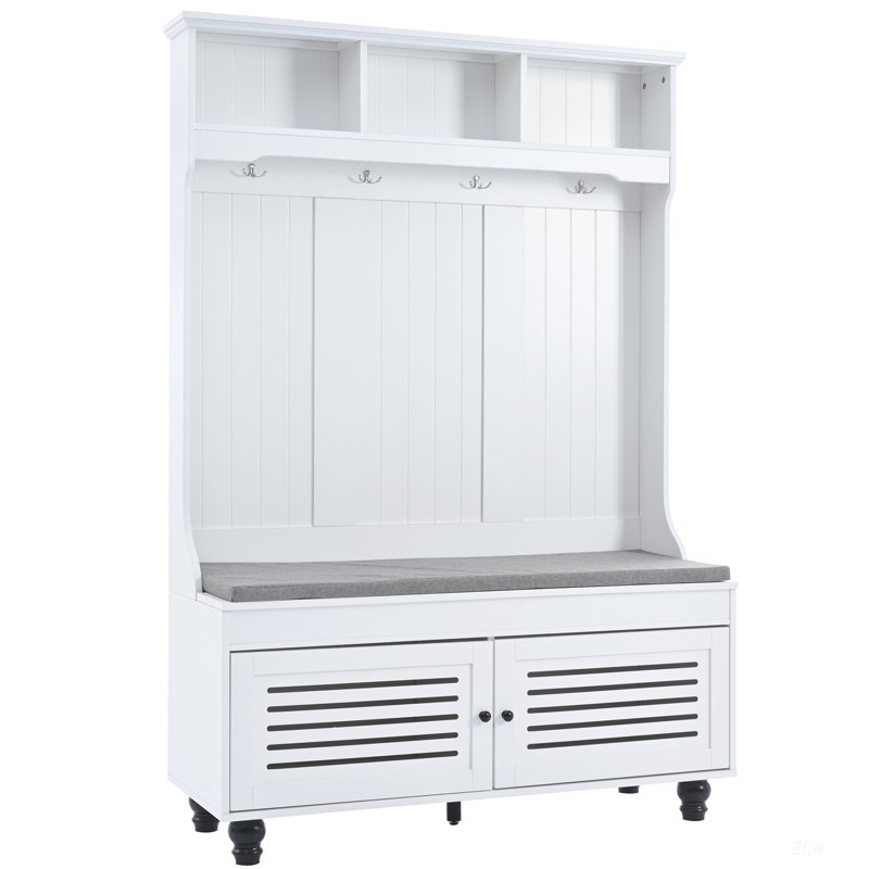 Banc d'entrée 5 en 1 avec portes à volets, portemanteau, coussin et 4 crochets robustes, portemanteau de 47,2 po de largeur pour une vie organisée