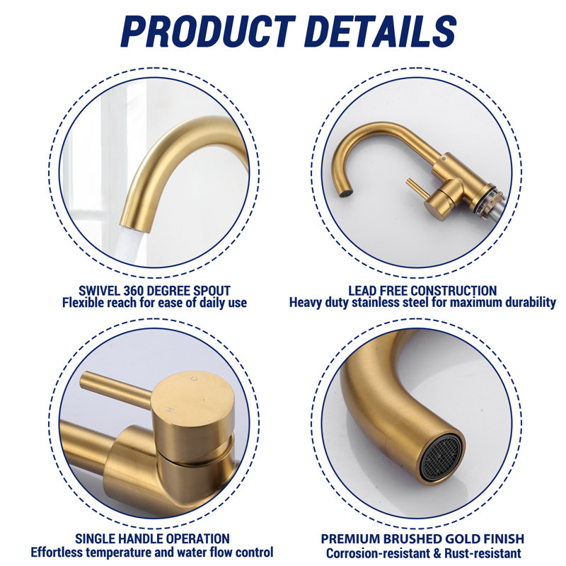 Single Handle Stainless Steel Bar Kitchen Faucet With Swivel Spout And Deckplate, Gold