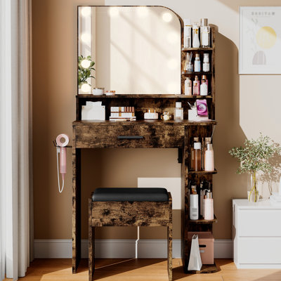 Ensemble de meuble-lavabo compact avec tabouret, miroir à DEL (3 modes d'éclairage), prise de courant, meuble-lavabo pour chambre
