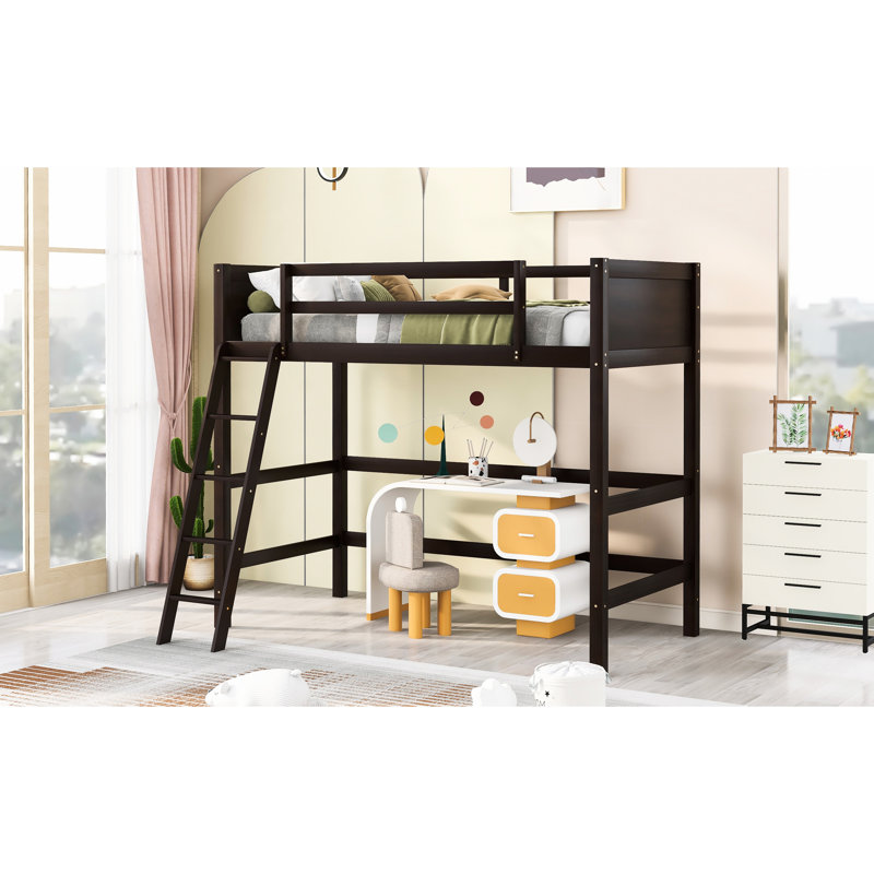 Lit mezzanine simple en bois massif avec espace intégré, Espresso