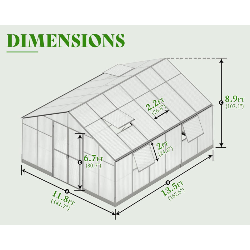 Grower’s Haven 12 x 13.5 x 9 ft. Polycarbonate Greenhouse - Outdoor Aluminum Greenhouse with Quick Connect Fittings