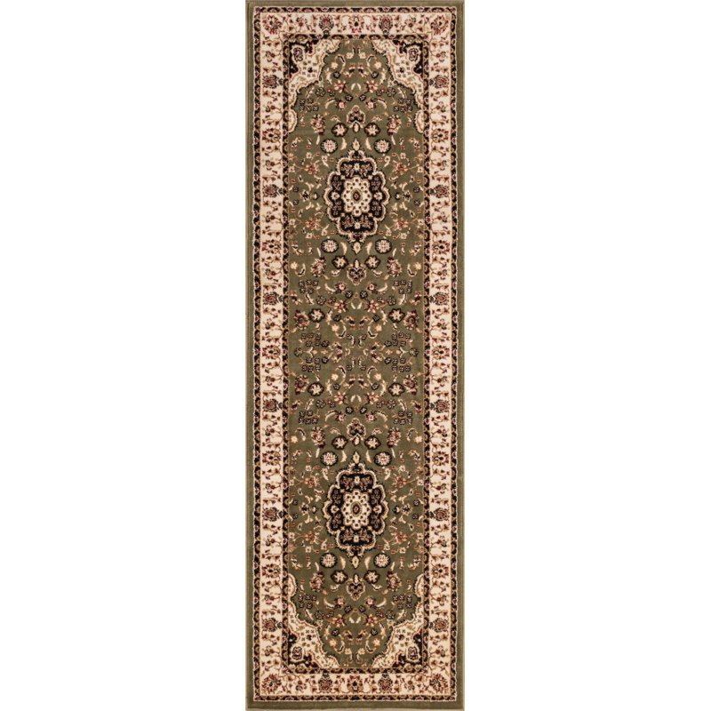 Tapis vert Denzel Medallion Kashan, Tapis de couloir 2 pi 3 po x 7 pi 3 po